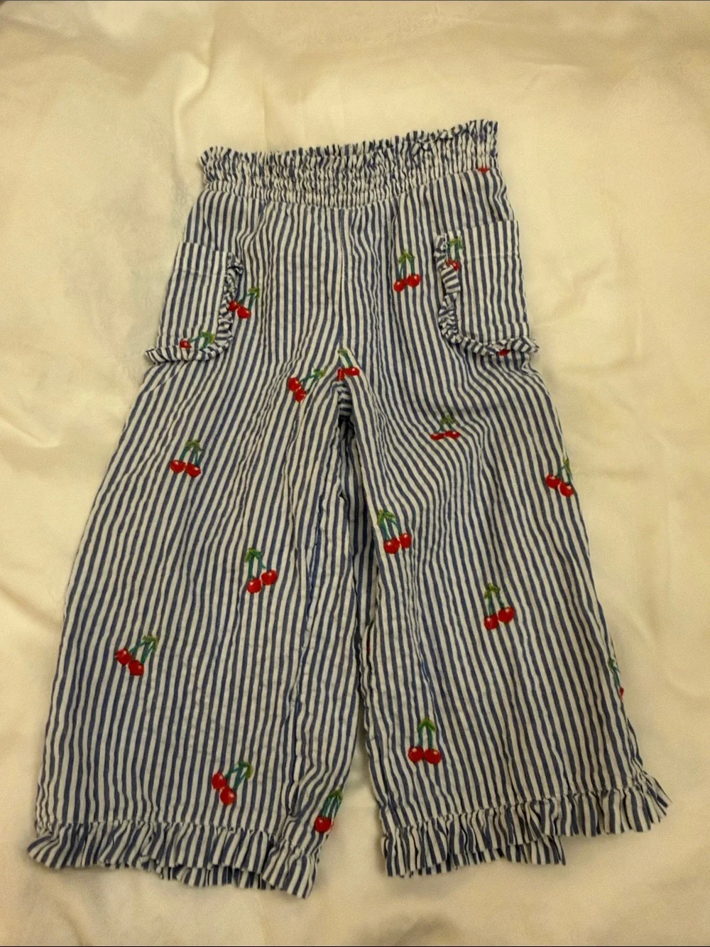 Mini Boden Blue & White Seersucker Striped Cherry Set with Ruffle Detail